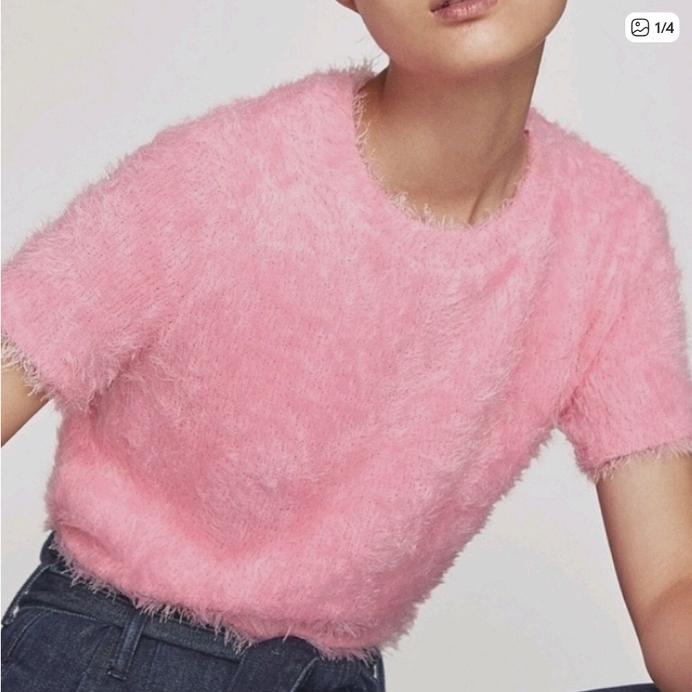 Zara Pink Fuzzy Short-Sleeve Sweater Top sz S